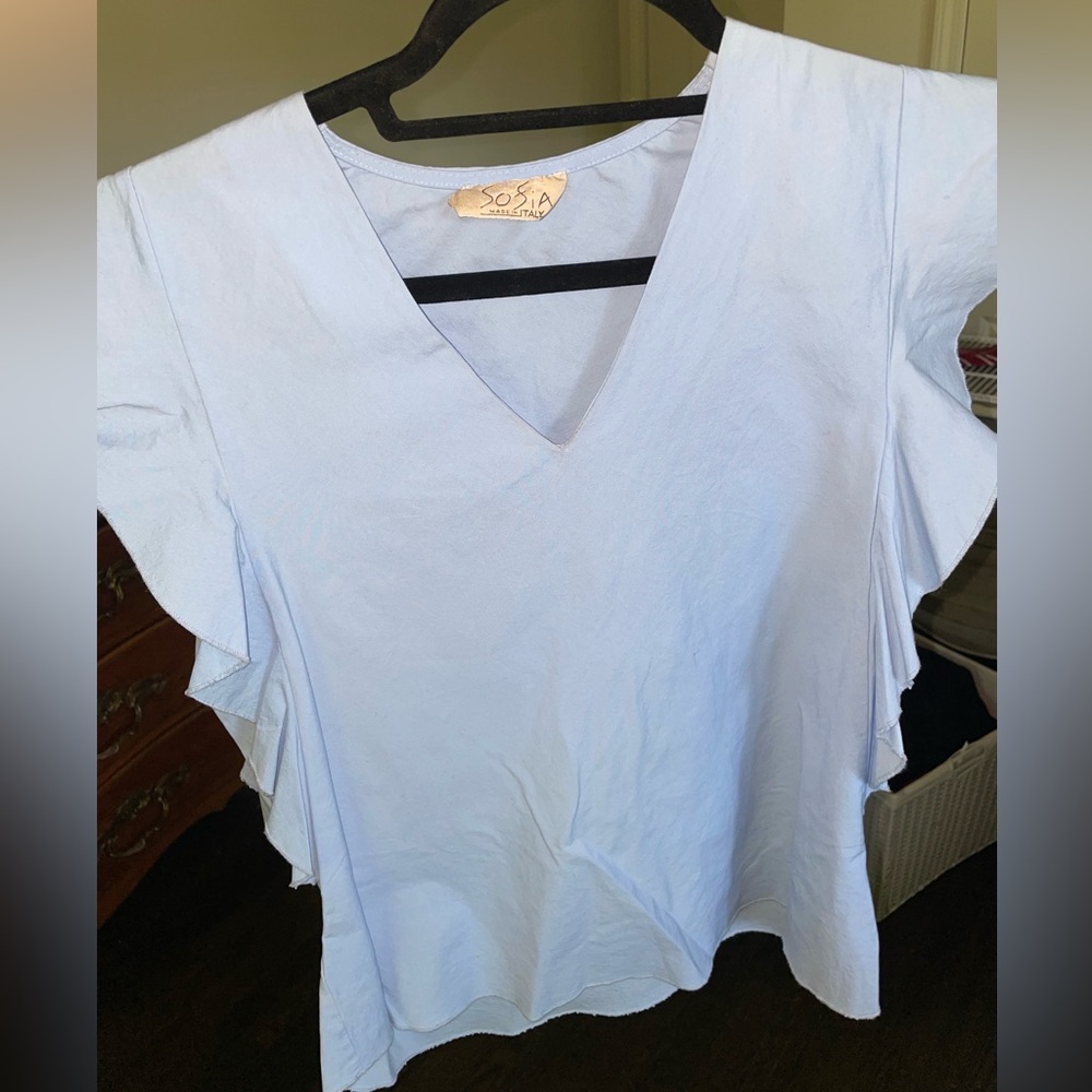 Light Blue V-Neck Ruffle Sleeve Top